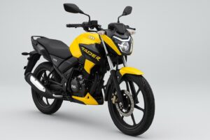 Yellow and black TVS Raider 125 side look on road
