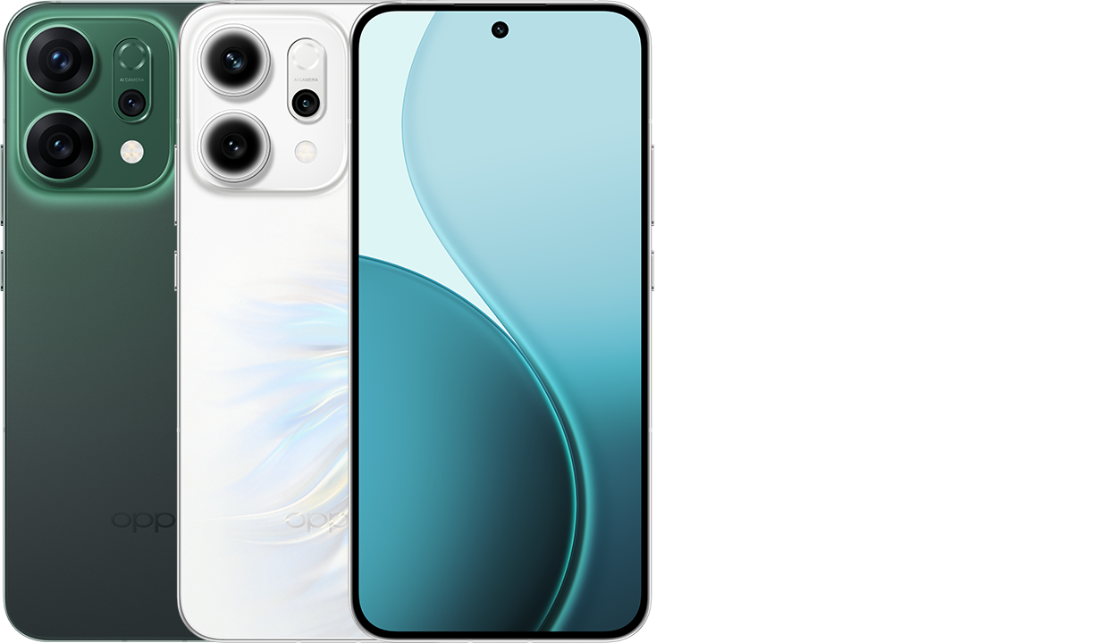 "Oppo Reno 14 5G smartphone front and back view in Pearl White color"